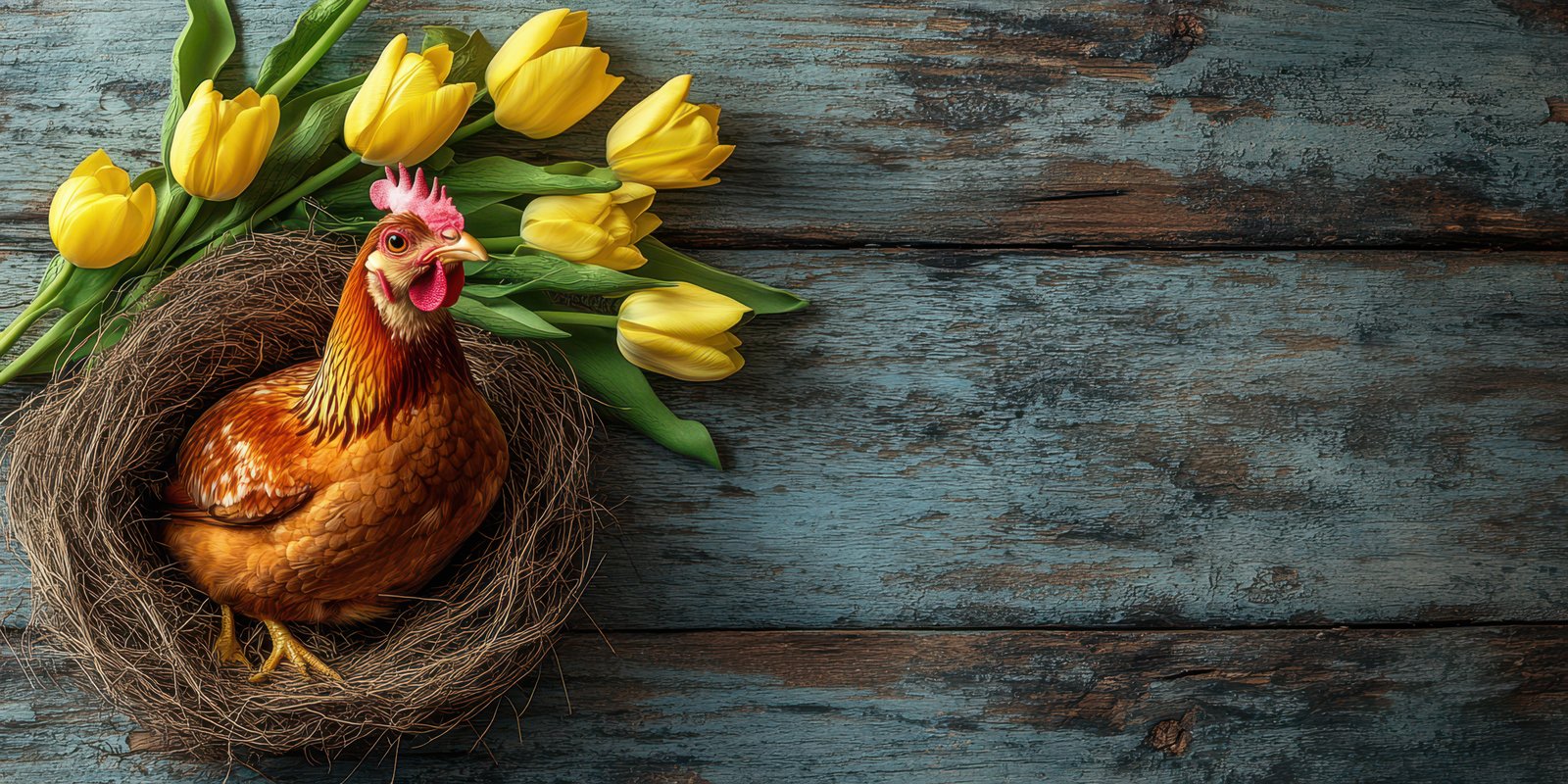 Chicken in a nest surrounded by vibrant yellow tulips on a rustic wooden surface